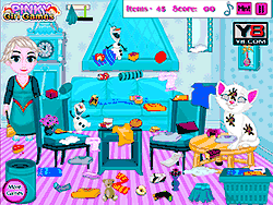 Флеш игра онлайн Ребенок Эльза убирает комнату с котенком